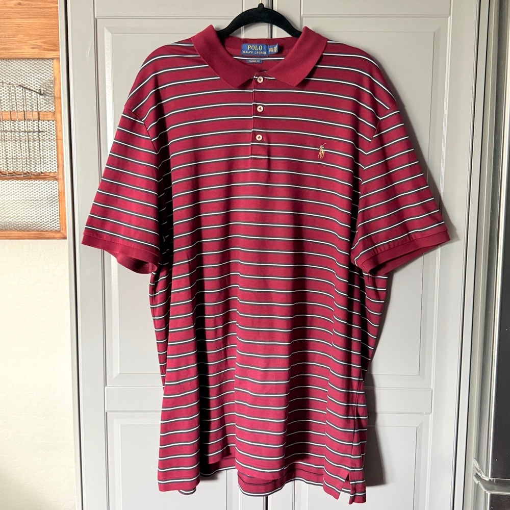 Polo Ralph Lauren Classic Fit‎ Striped Soft Polo Shirt, Burgundy Navy, XXL